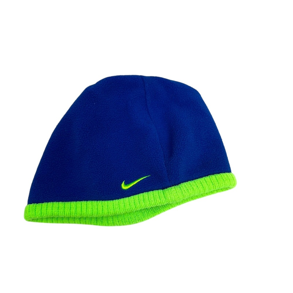 Nike Beanie Hat Cap Youth Boys Blue Neon Green One Size Check Swoosh‎